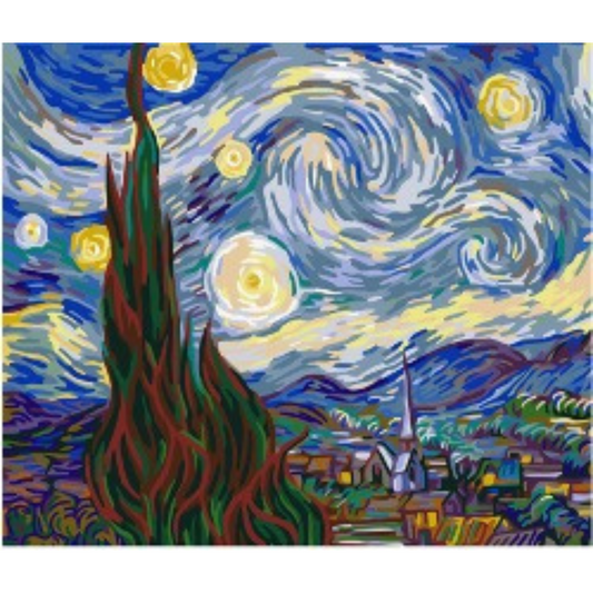 Kit Diamond Painting Noche Estrellada Van Gogh 30 x 40 cm - Incluye lienzo adhesivo numerado, diamantes, lápices aplicadores, bandejas y cera