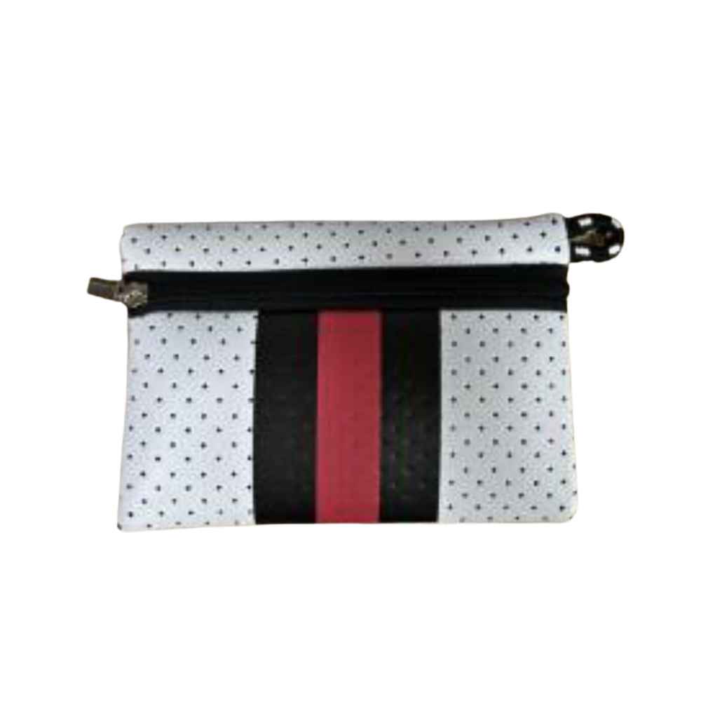 Estuche de neopreno blanco con rojo, liviano y resistente, ideal como cartuchera o para cosméticos y accesorios personales. Perfecto para el trabajo, universidad, gimnasio o playa.