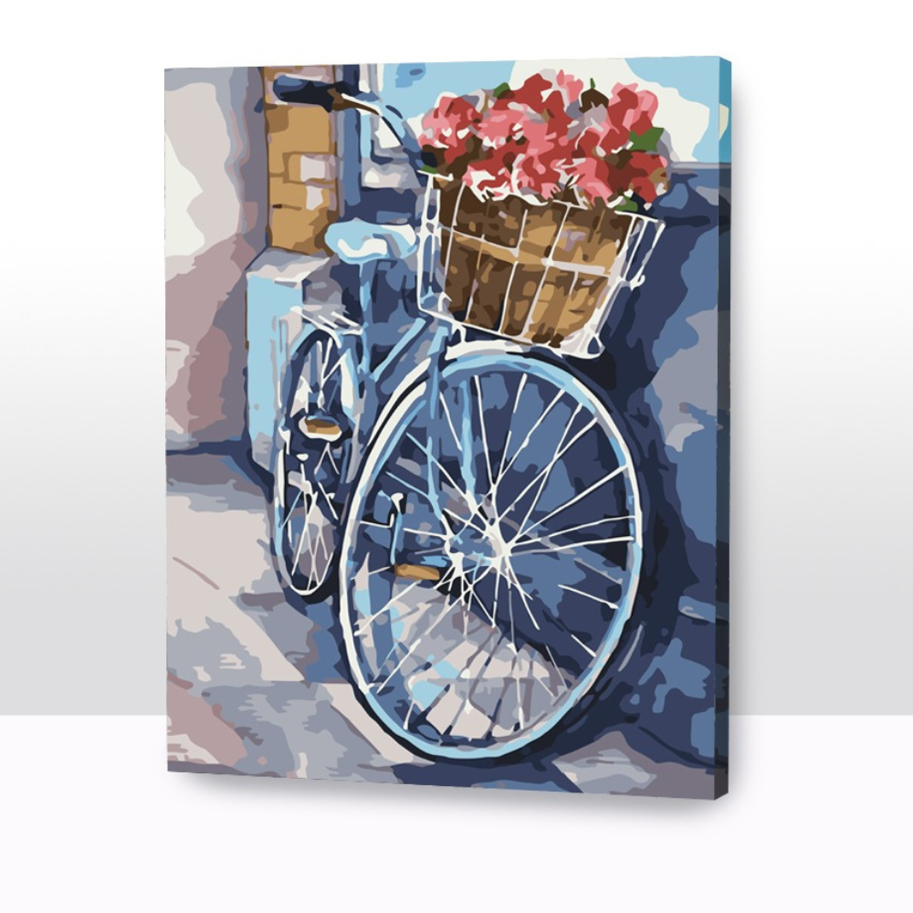 Pintura por números Bici Celeste, lienzo numerado y pintura acrílica para crear una obra de arte con bicicleta vintage.