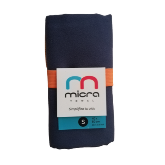 Toalla de microfibra MICRA Azul Acero Naranja, disponible en dos tamaños (40x80 cm y 80x130 cm), compacta, absorbente y perfecta para deportes y viajes.